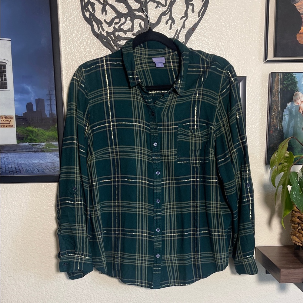 Laura Scott Gold and Emerald Green Plaid Shirt